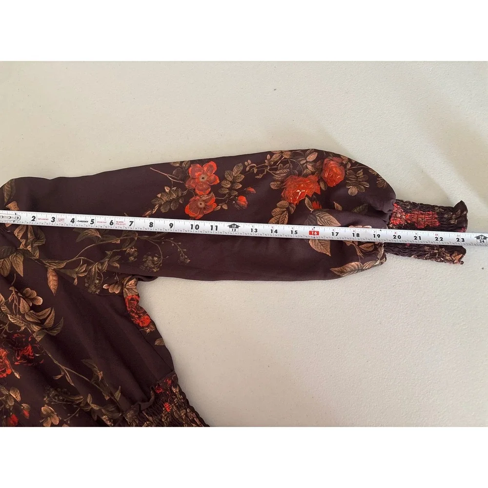 H&M Women's Size 6 Floral Smocked Brown Long Sleeve Ruffle Hem Boho Maxi Dress - Picture 7 of 13